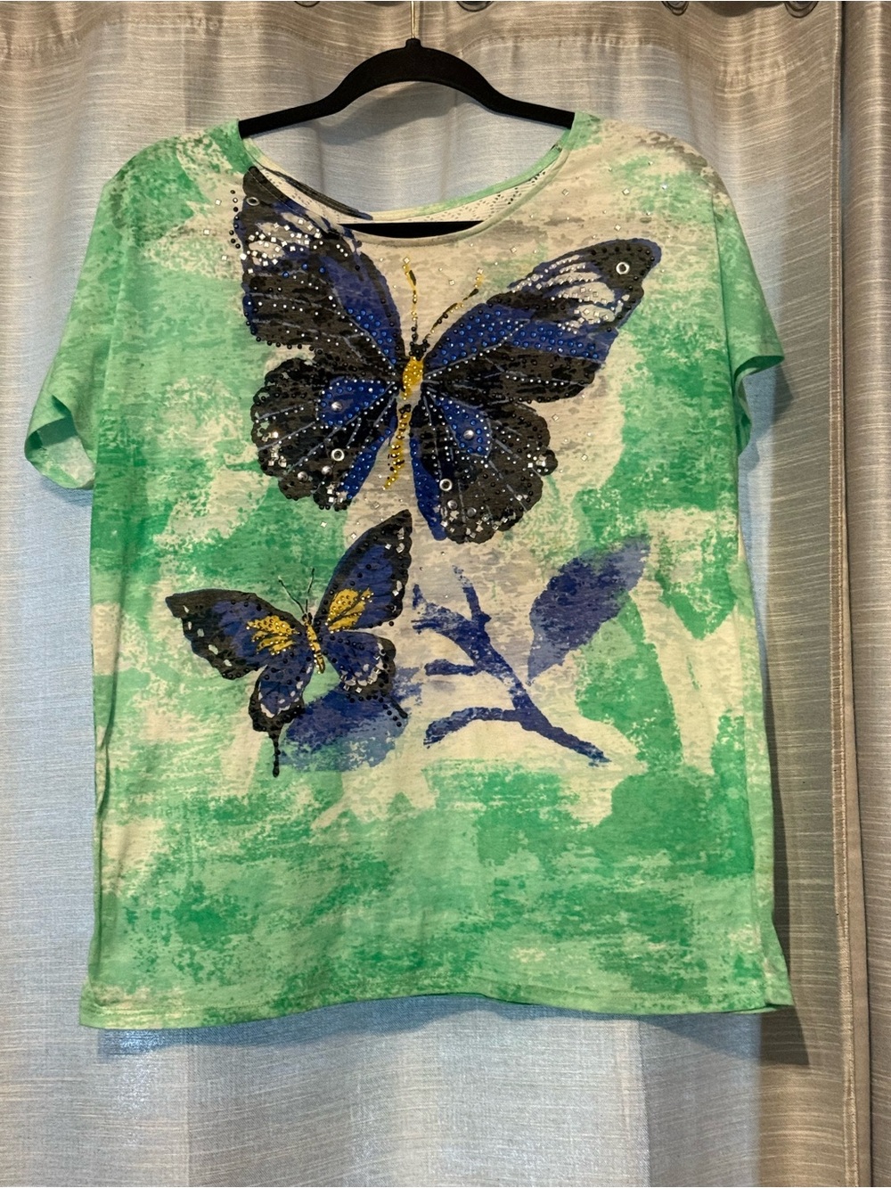 Grudge/ Y2K Blue Butterfly Green Shirt Rhinestone